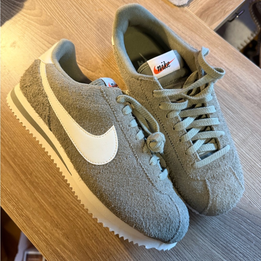 Nike Olive Green Suede Sneakers with White Swoosh